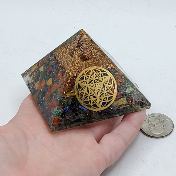 Mixed Gemstone Orgonite Pyramid with Golden Flower of Life Symbol Meditation - Picture 3 of 3